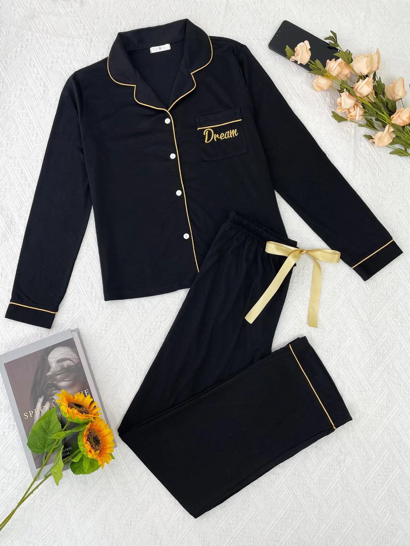 Solid Color Women Pajamas Set Long Sleeve Front Button Tops & Full-Length Pants Female 2 Pcs Notched Collor Sleepwear Nightwear