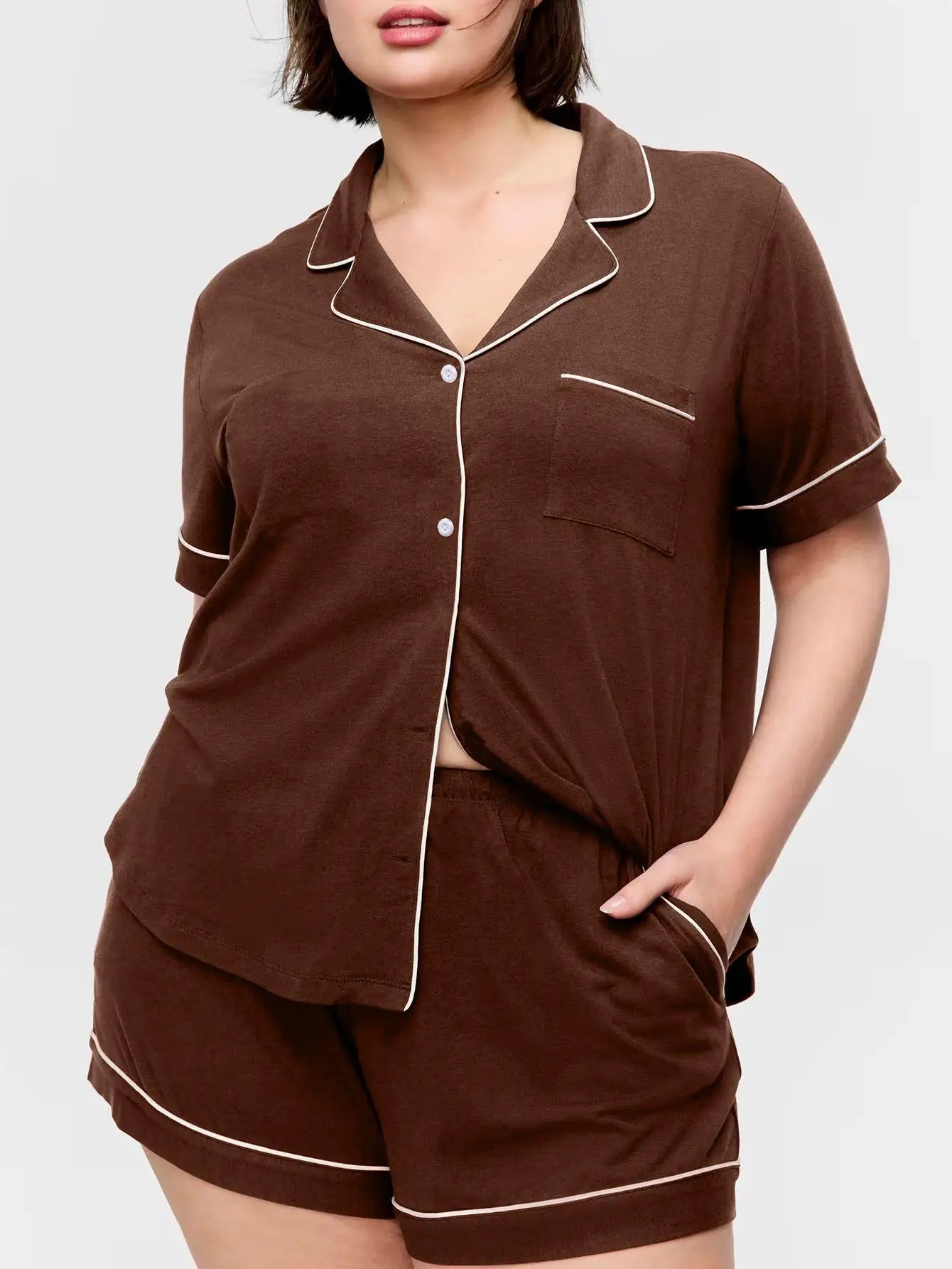 Plus Size Women Pajama Sets Short Sleeves Front Button Turn Down Collar Top & Shorts with Two Pockets Sleepwear Female Nightwear