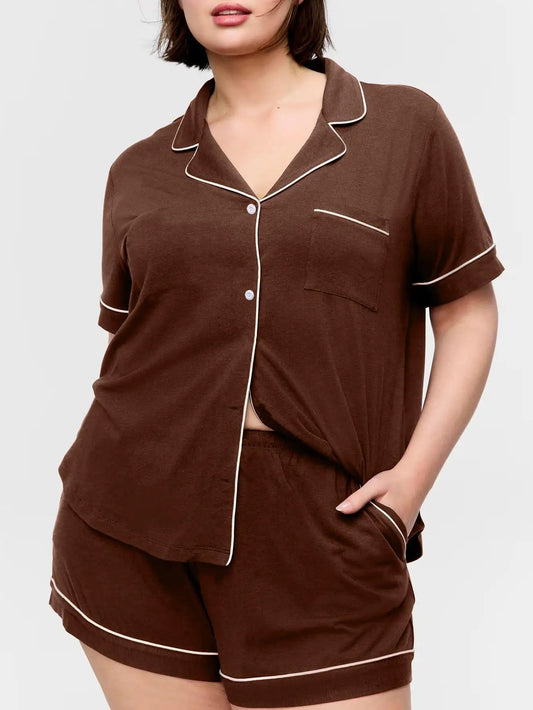 Plus Size Women Pajama Sets Short Sleeves Front Button Turn Down Collar Top & Shorts with Two Pockets Sleepwear Female Nightwear