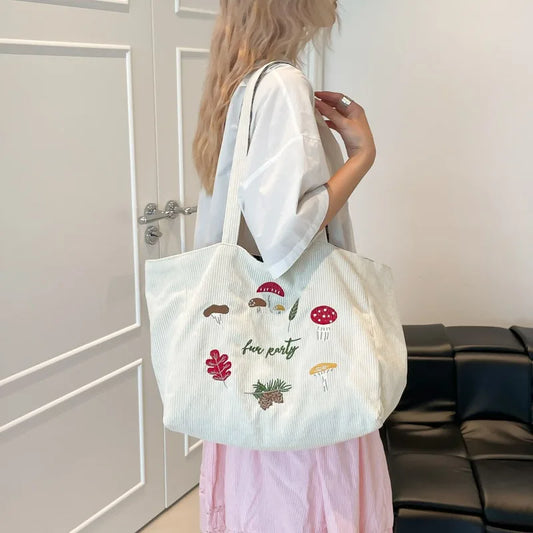 Mushroom Embroidery Single-shoulder Crossbody Bag Corduroy Checkered Double Bread Autumn and Winter New Retro Student Class Bag