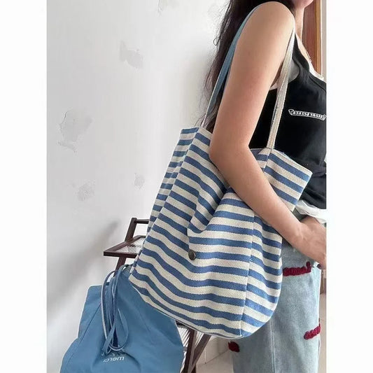 2025 Summer Striped Canvas Bag Korean Laid-back Style Tote BagmLarge Capacity Casual Single-shoulder Bag for Studentsm Women