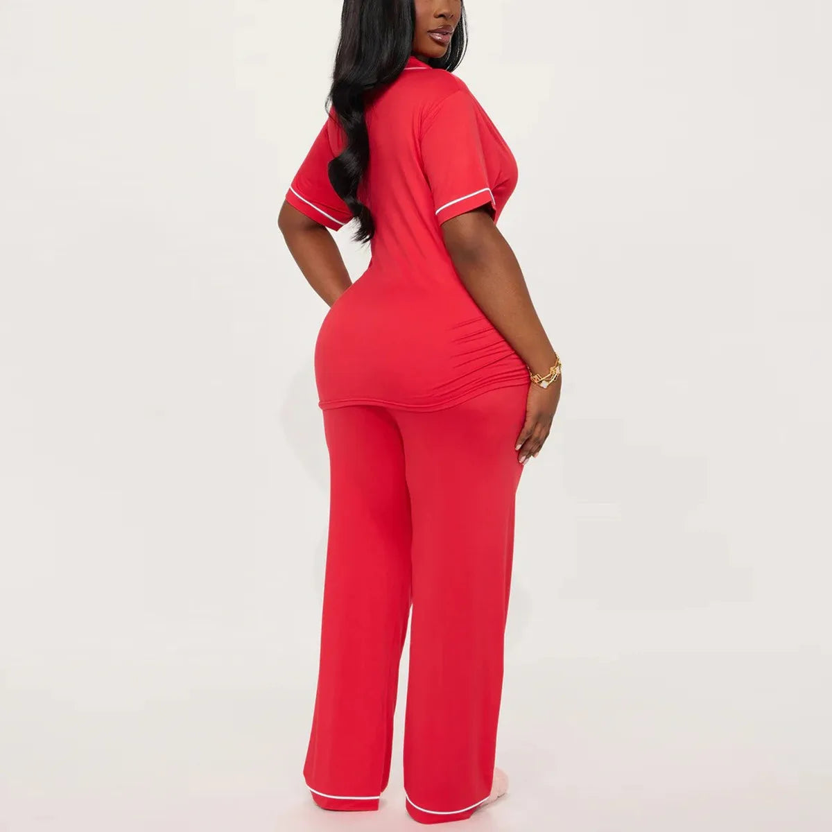 Solid Women Pajama Sets Short Sleeves Front Button Notched Collar Top & Full-Length Pants 2 Piece Female Sleepwear Nightwear