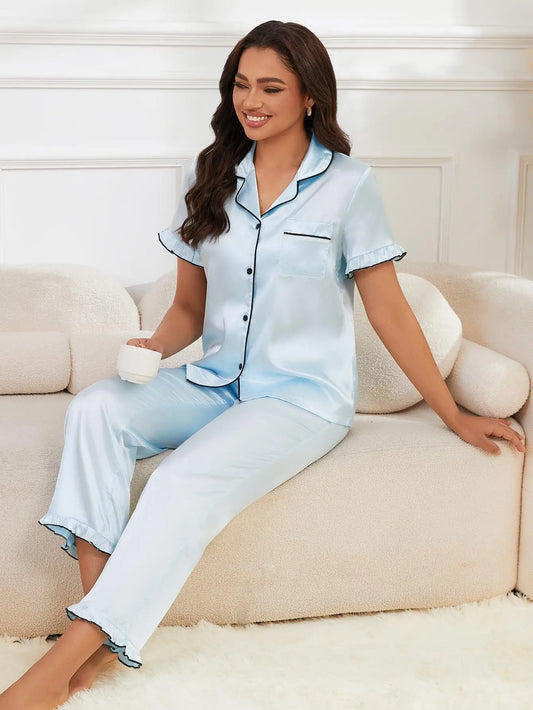 Silk Satin Solid Women's Pajamas Set Short Sleeve Turn Down Collar Top & Full-Length Pants Female 2 Pcs Sleepwear Nightwear