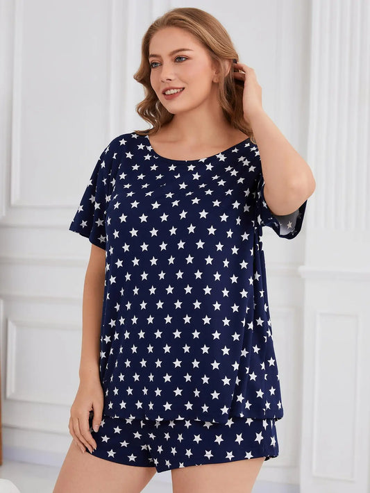 Plus Size Star Print Women Pajama Sets Short Sleeves O Neck Top & Elastic Waist Shorts 2 Pieces Female Sleepwear Nightwear