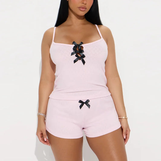 Solid Women's Pajamas Set Sleeveless Front Tie Top & Elastic Waist Shorts Female Sleepwear 2 Pieces Nightwear Homewear