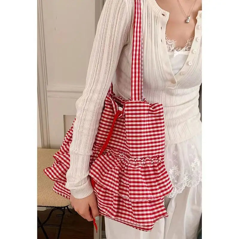 Lotus Leaf Style Checkered Canvas Bag Single-shoulder Commuting 2025 Popular Japanese Student Style Bucket Large Capacity Tote