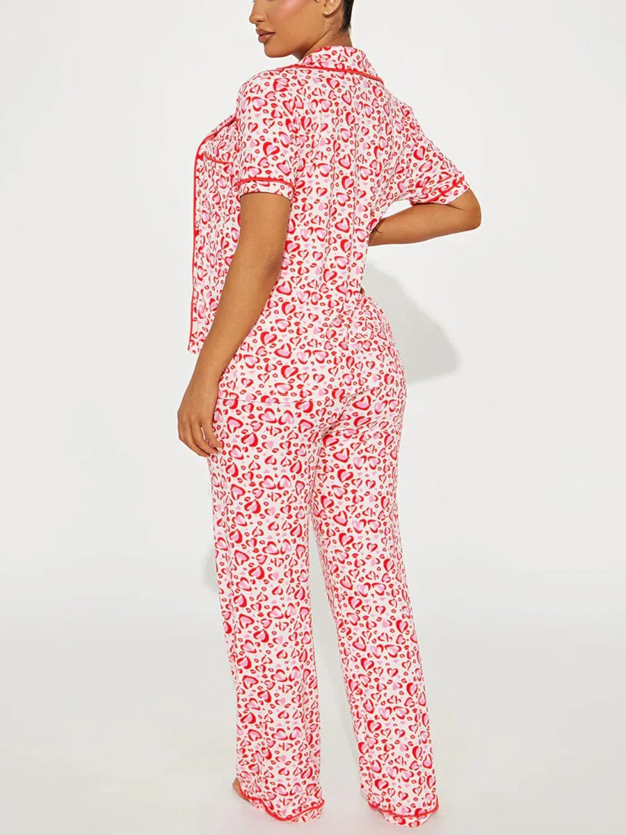 Heart Print Women Pajama Set Short Sleeves Turn Down Collar Top & Full-Length Pants 2 Pieces Female Sleepwear Nightwear