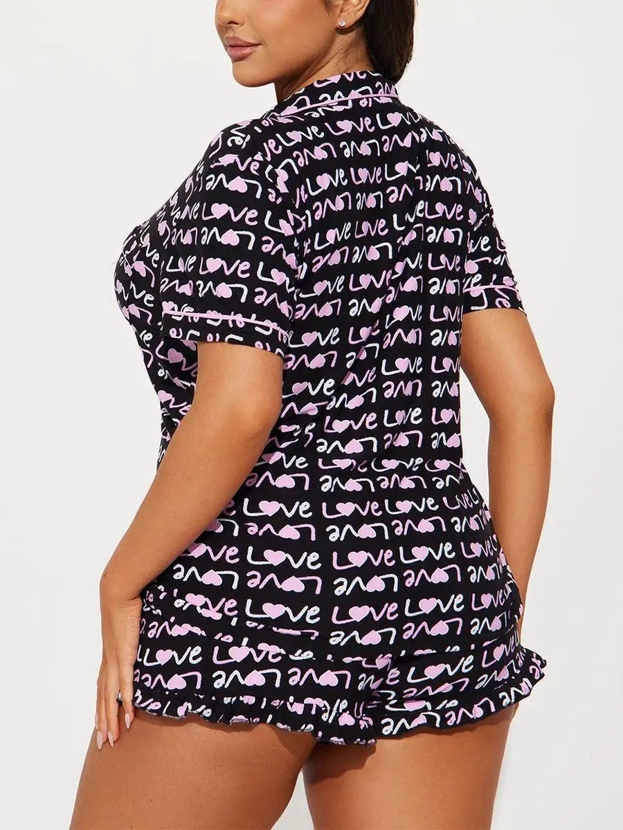 Letter Print Women's Pajamas Set Short Sleeve turn down collar Top & Elastic Waist Shorts 2 pcs Female Sleepwear Nightwear