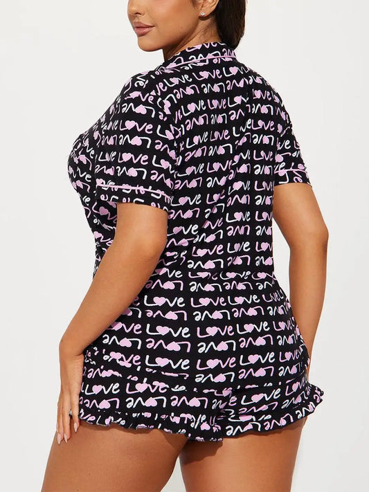 Letter Print Women's Pajamas Set Short Sleeve turn down collar Top & Elastic Waist Shorts 2 pcs Female Sleepwear Nightwear