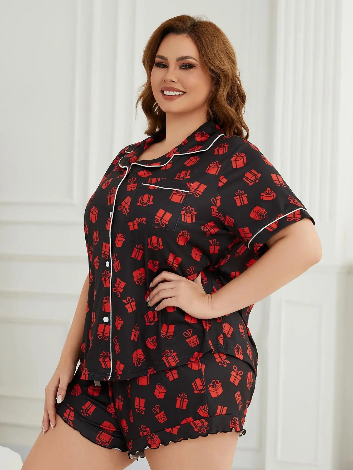Plus Size Gift Print Women Pajama Sets Short Sleeves Turn Down Collar Front Button Top & Shorts Female 2pcs Sleepwear Nightwear