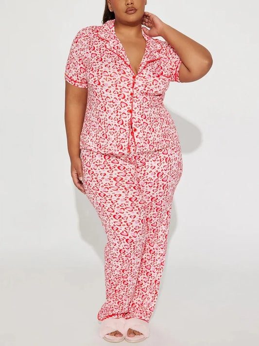 Heart Print Women Pajama Set Short Sleeves Turn Down Collar Top & Full-Length Pants 2 Pieces Female Sleepwear Nightwear