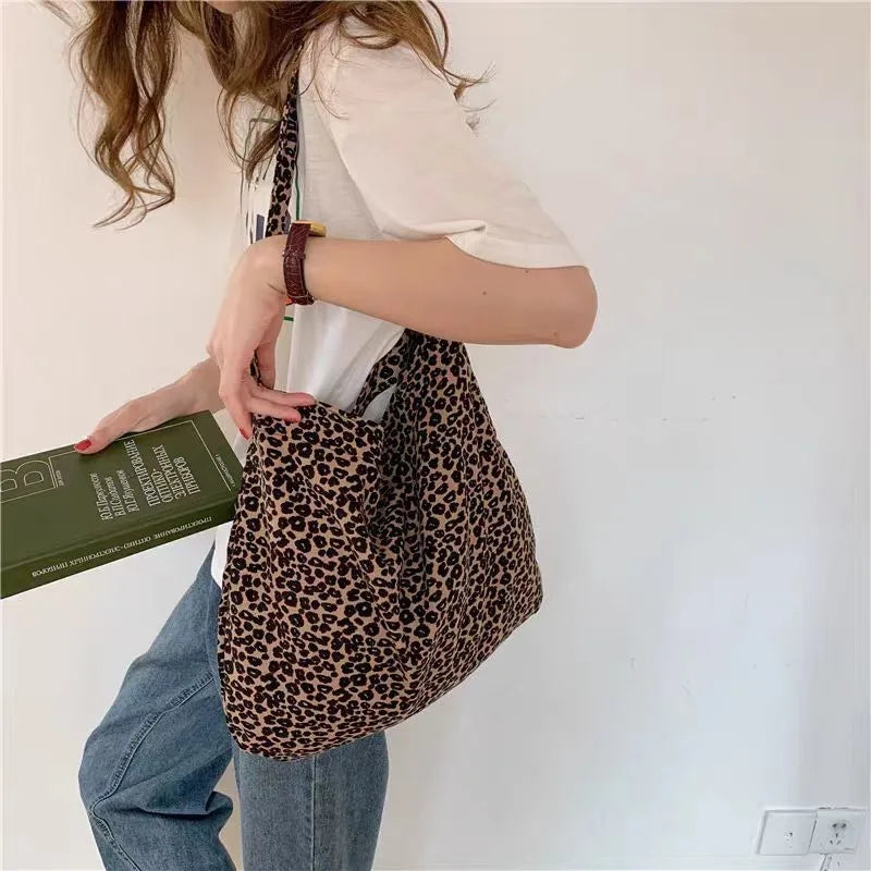 Large-capacity Leopard Corduroy Single-shoulder Bag Laid-back Style Versatile Shopping Bag Korean Sail Fabric Bag Consignment