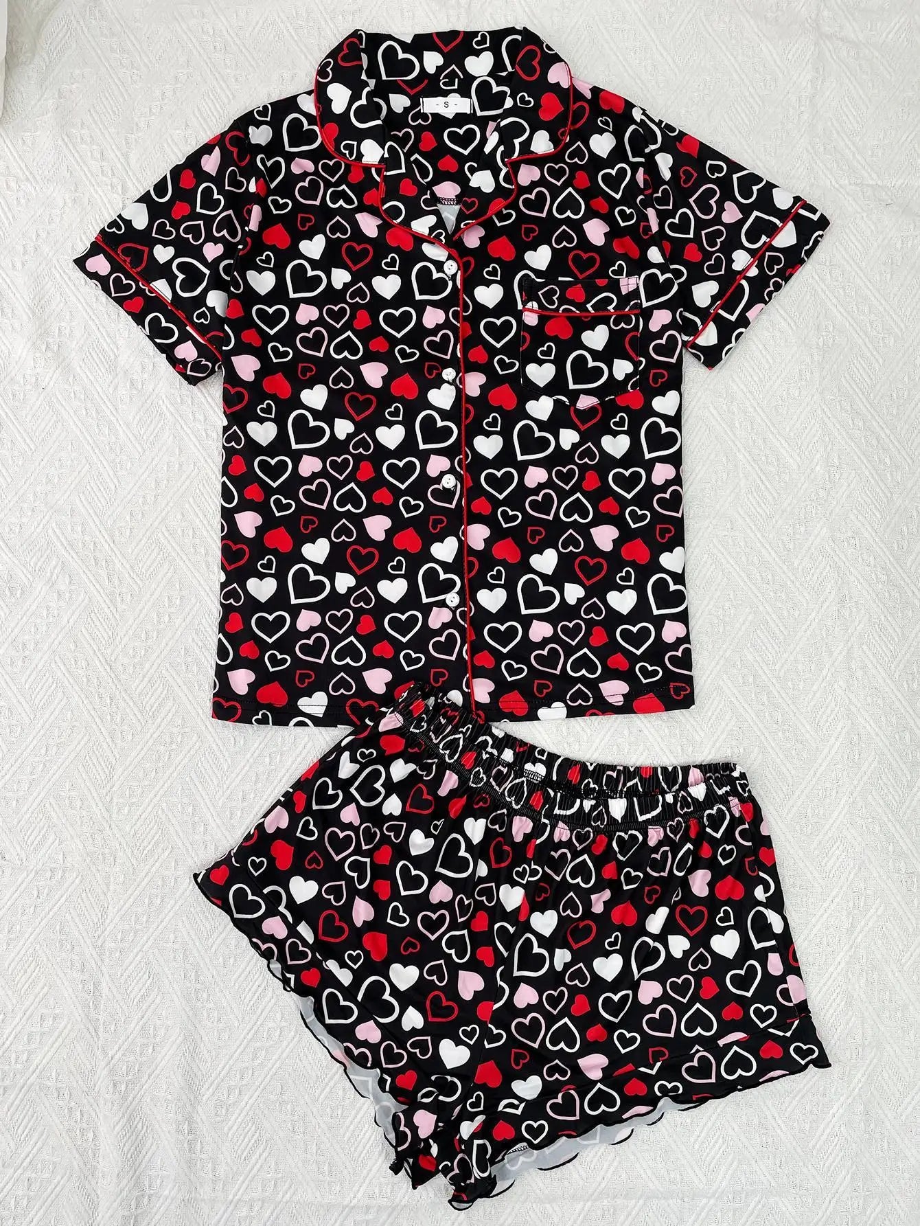 Heart Print Women Pajamas Set Short Sleeve Front Button Tops & Shorts Female 2 Pieces Notched Collor Sleepwear Nightwear