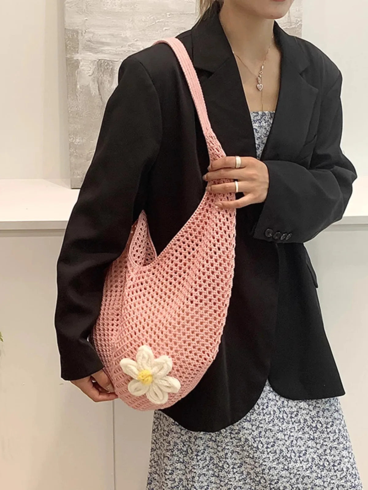 Korean-style Chic Crocheted Grid Bag Women's Summer Beach Bag Hand-woven Hollowed-out Shoulder Female Large Hollowed Bag