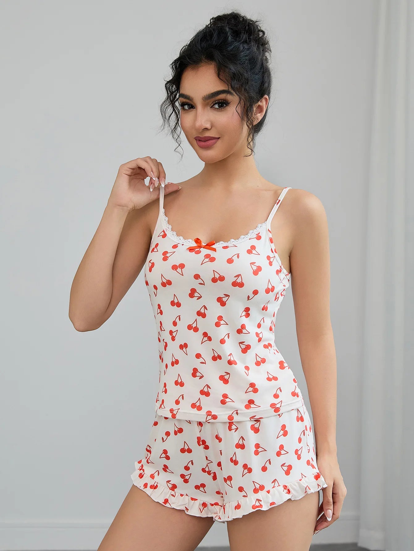 Cherry Print Women's Pajamas Set Sleeveless Top & Elastic Waist Shorts 2 Pieces Sleepwear Nightwear Homewear Cloth for Summer