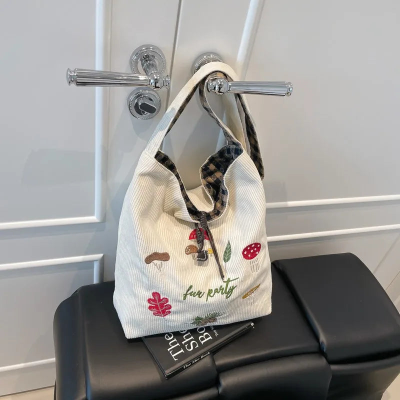 Mushroom Embroidery Single-shoulder Crossbody Bag Corduroy Checkered Double Bread Autumn and Winter New Retro Student Class Bag