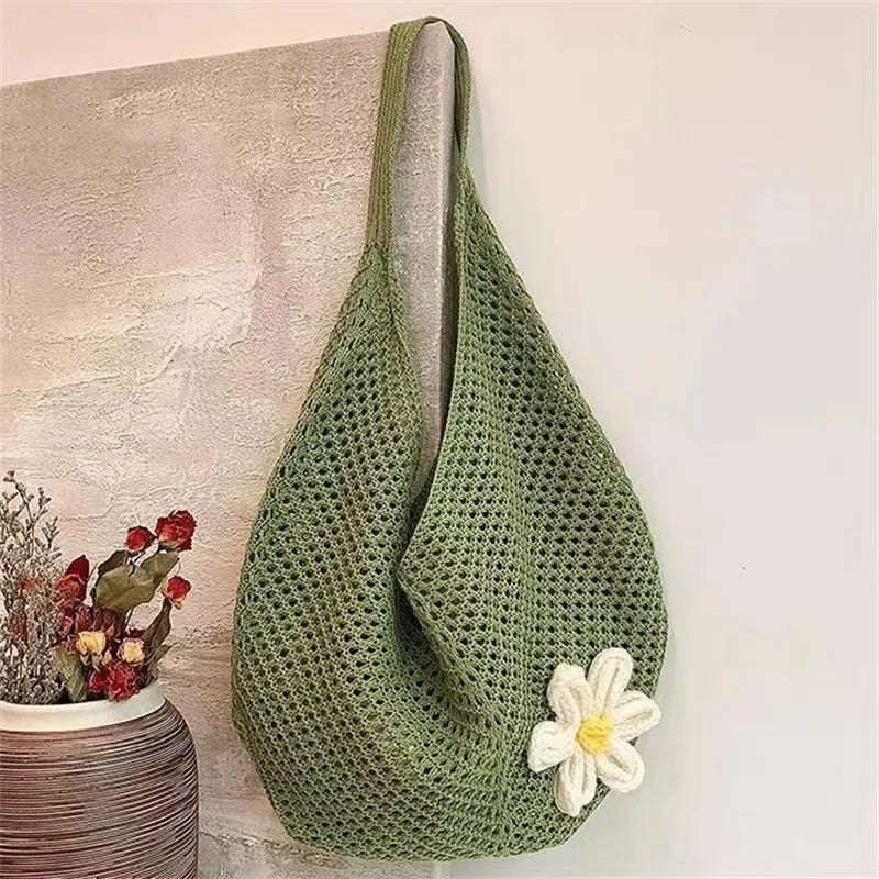 Korean-style Chic Crocheted Grid Bag Women's Summer Beach Bag Hand-woven Hollowed-out Shoulder Female Large Hollowed Bag