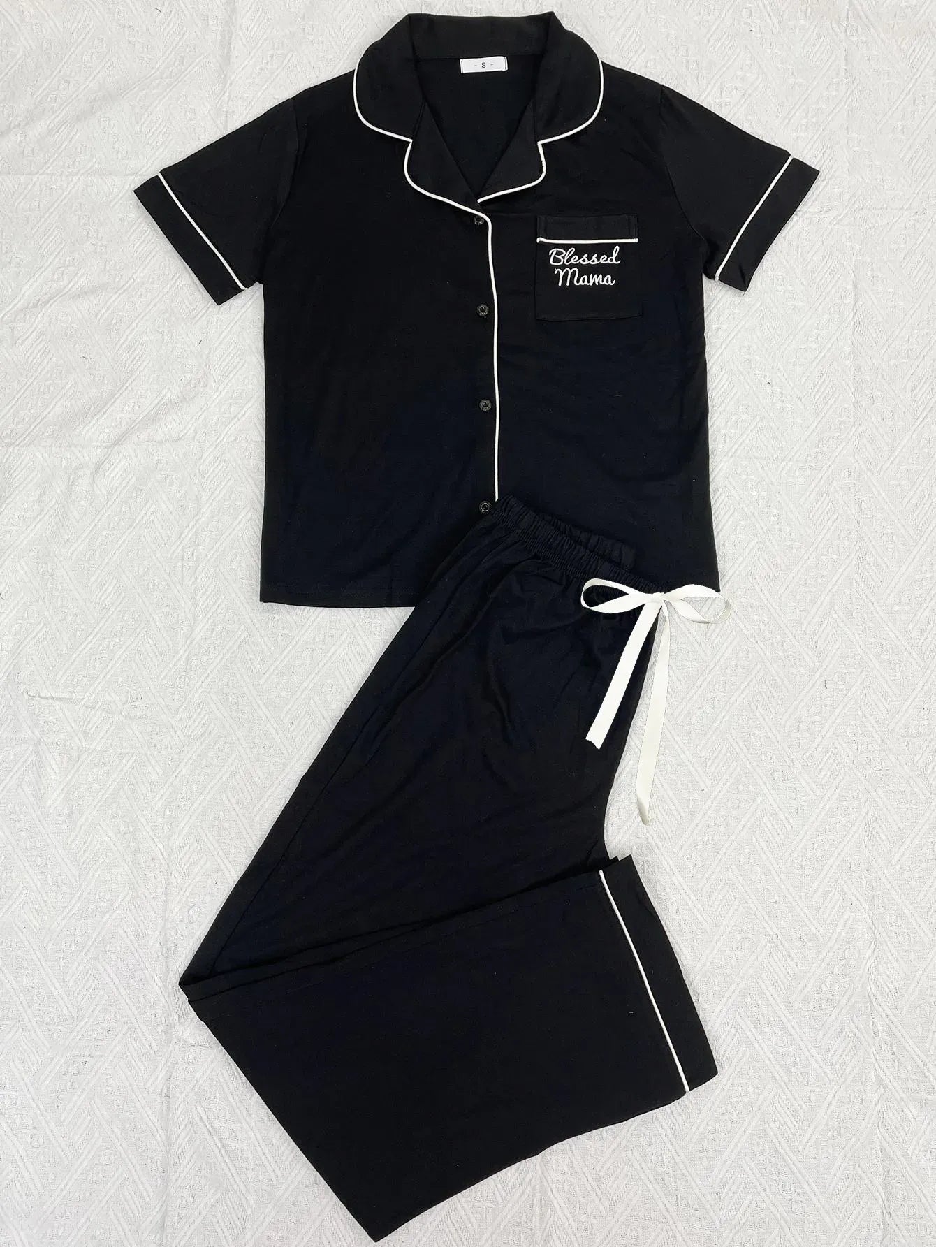 Solid Women Pajama Sets Short Sleeves Front Button Top & Full-Length Pants 2 Piece Letter Print Female Sleepwear Nightwear