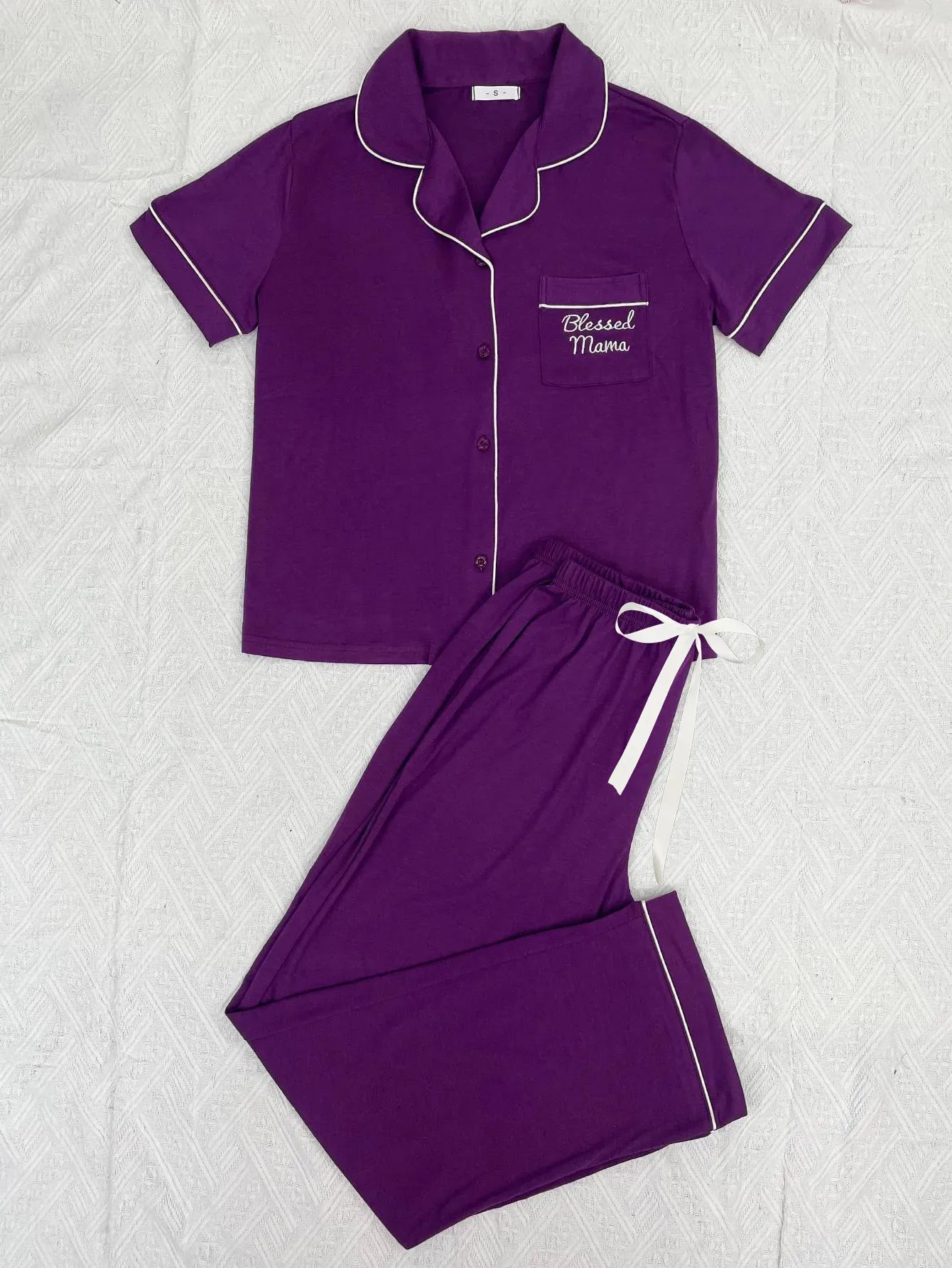 Solid Women Pajama Sets Short Sleeves Front Button Top & Full-Length Pants 2 Piece Letter Print Female Sleepwear Nightwear