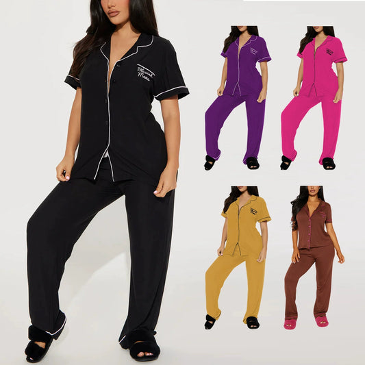 Solid Women Pajama Sets Short Sleeves Front Button Top & Full-Length Pants 2 Piece Letter Print Female Sleepwear Nightwear