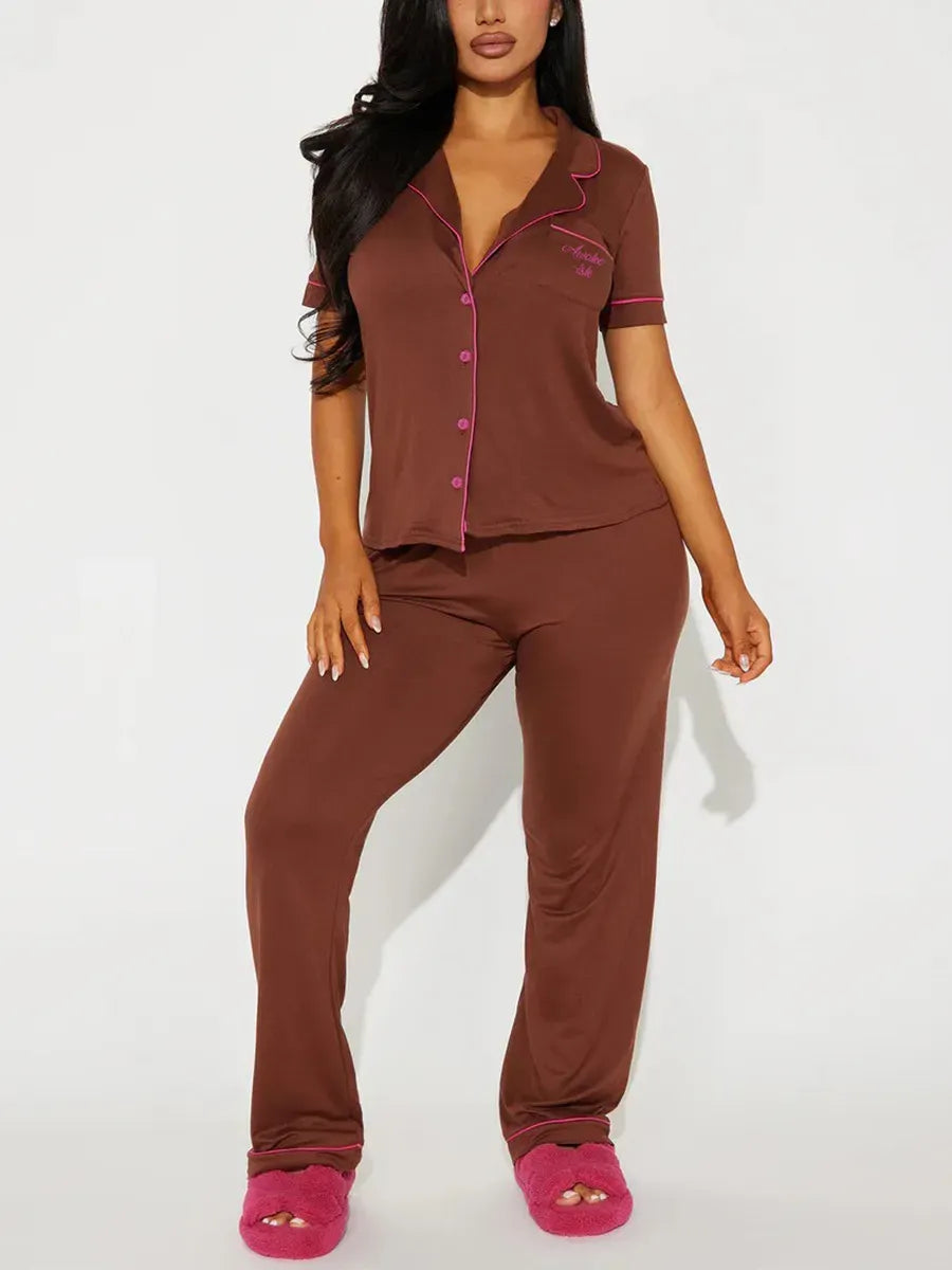 Solid Women Pajama Sets Short Sleeves Front Button Top & Full-Length Pants 2 Piece Letter Print Female Sleepwear Nightwear