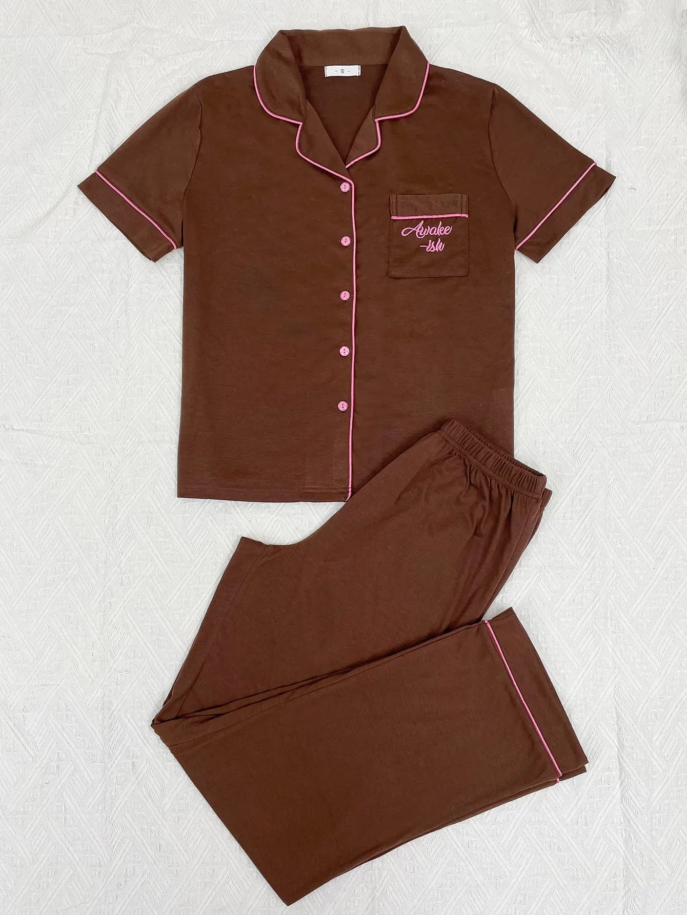 Solid Women Pajama Sets Short Sleeves Front Button Top & Full-Length Pants 2 Piece Letter Print Female Sleepwear Nightwear