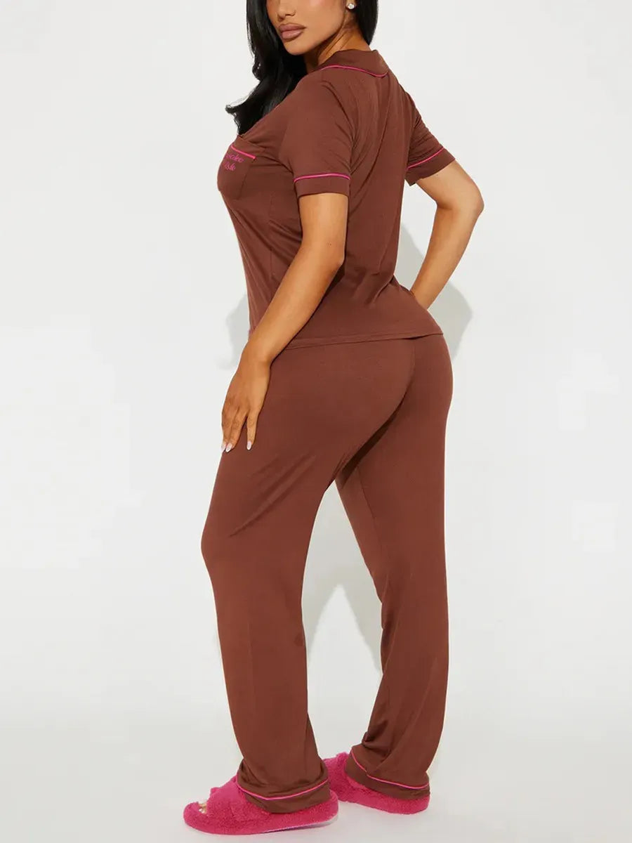 Solid Women Pajama Sets Short Sleeves Front Button Top & Full-Length Pants 2 Piece Letter Print Female Sleepwear Nightwear