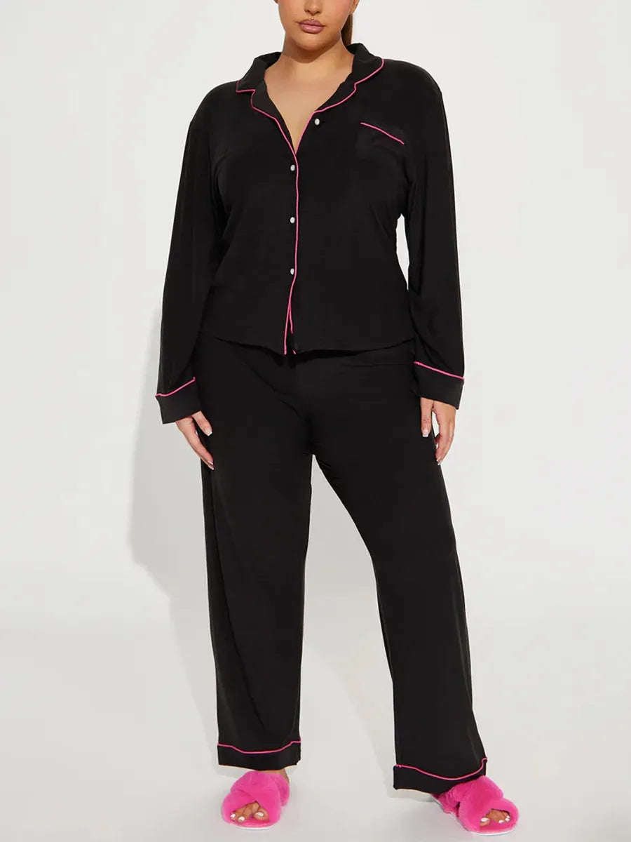 Kiss Me Print Women Pajama Set Long Sleeves Turn Down Collar Top & Full-Length Pants 2 Pieces Female Sleepwear Nightwear