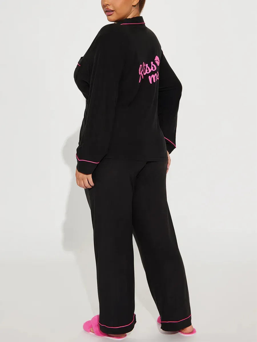 Kiss Me Print Women Pajama Set Long Sleeves Turn Down Collar Top & Full-Length Pants 2 Pieces Female Sleepwear Nightwear