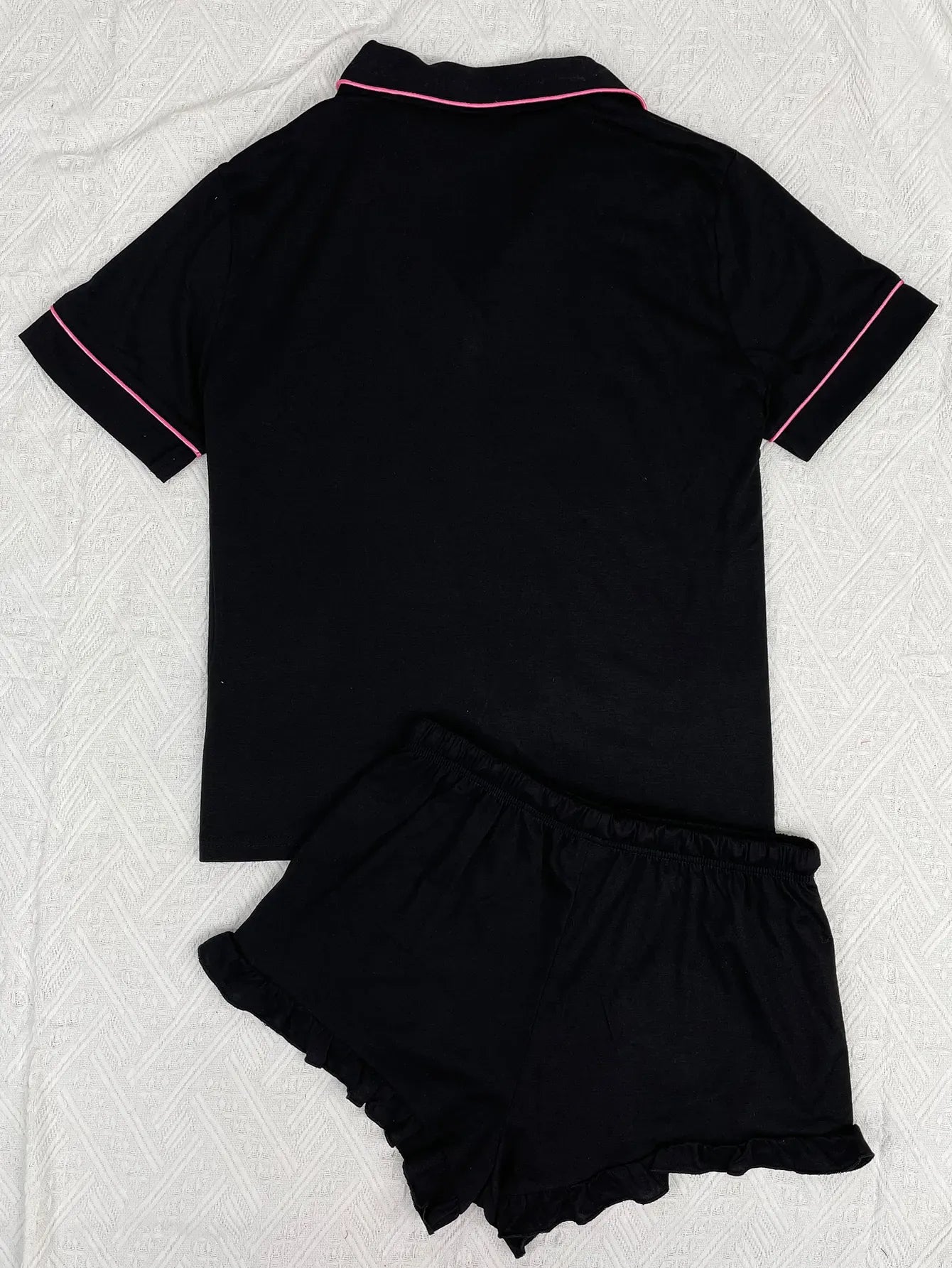 Summer Women's Pajamas Sets Short Sleeve Notched Collar Front Button Top & Elastic Waist Ruffle Shorts Loungewear Sleepwear