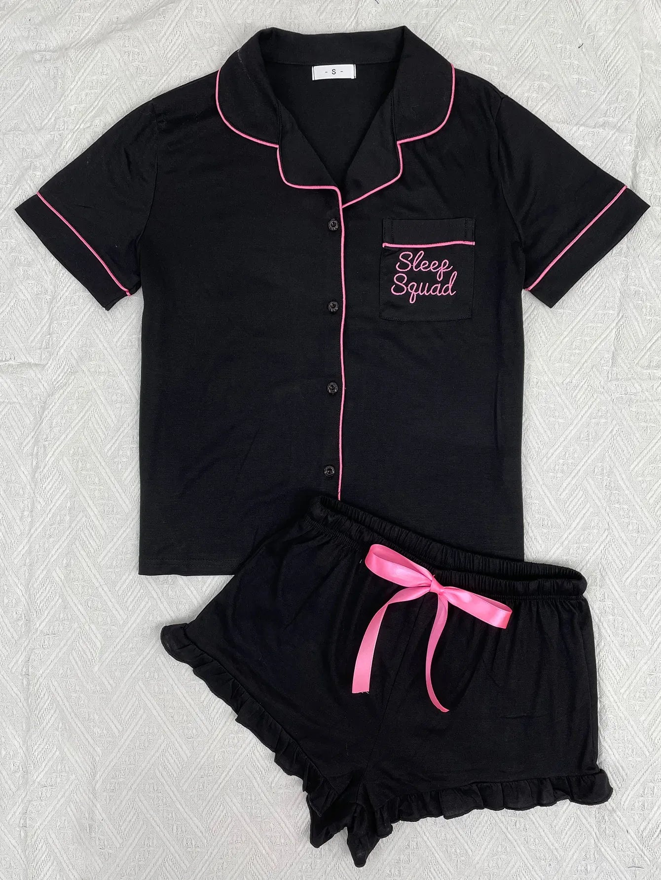 Summer Women's Pajamas Sets Short Sleeve Notched Collar Front Button Top & Elastic Waist Ruffle Shorts Loungewear Sleepwear