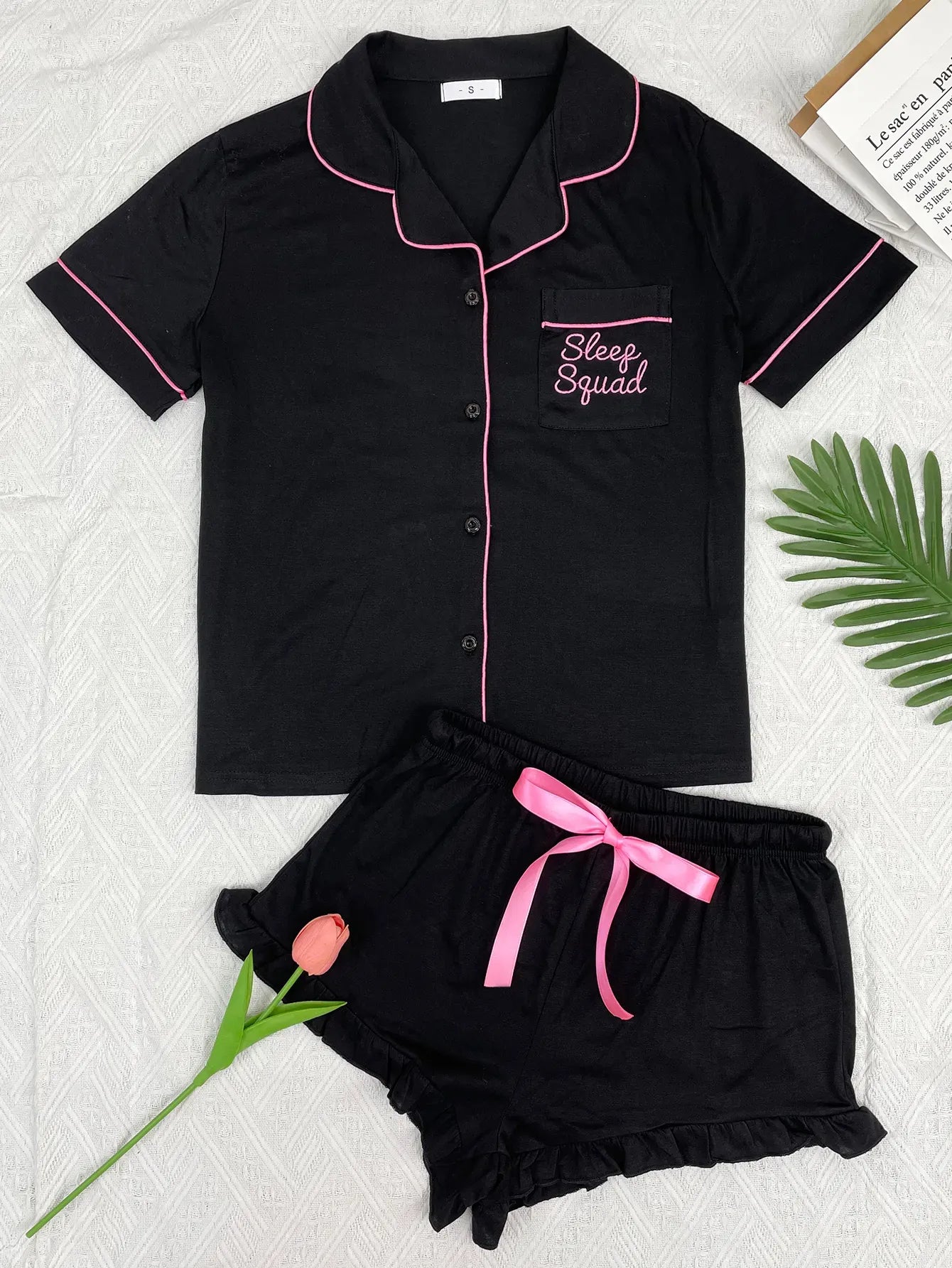 Summer Women's Pajamas Sets Short Sleeve Notched Collar Front Button Top & Elastic Waist Ruffle Shorts Loungewear Sleepwear
