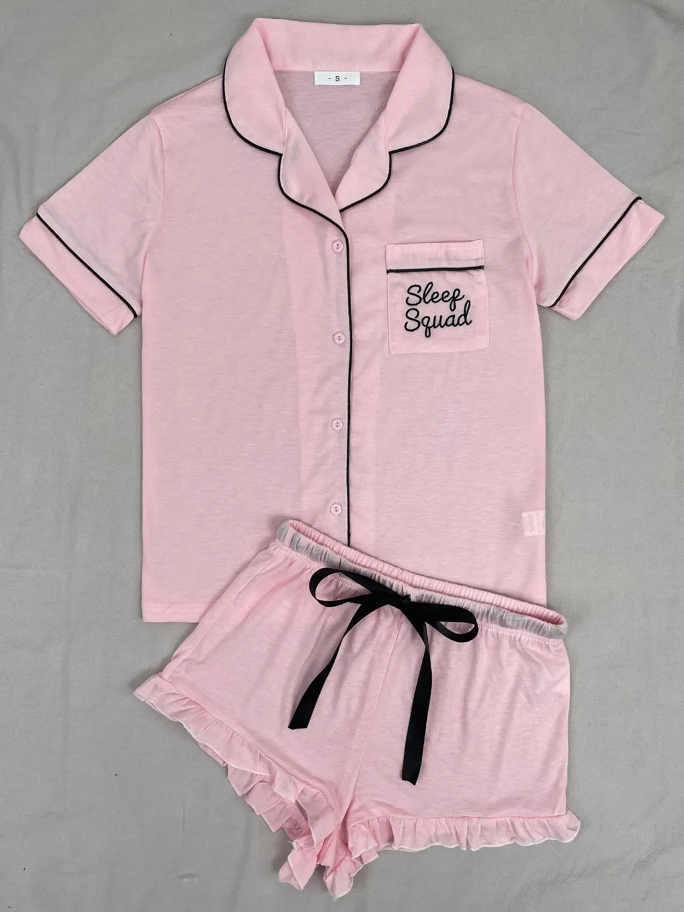 Summer Women's Pajamas Sets Short Sleeve Notched Collar Front Button Top & Elastic Waist Ruffle Shorts Loungewear Sleepwear