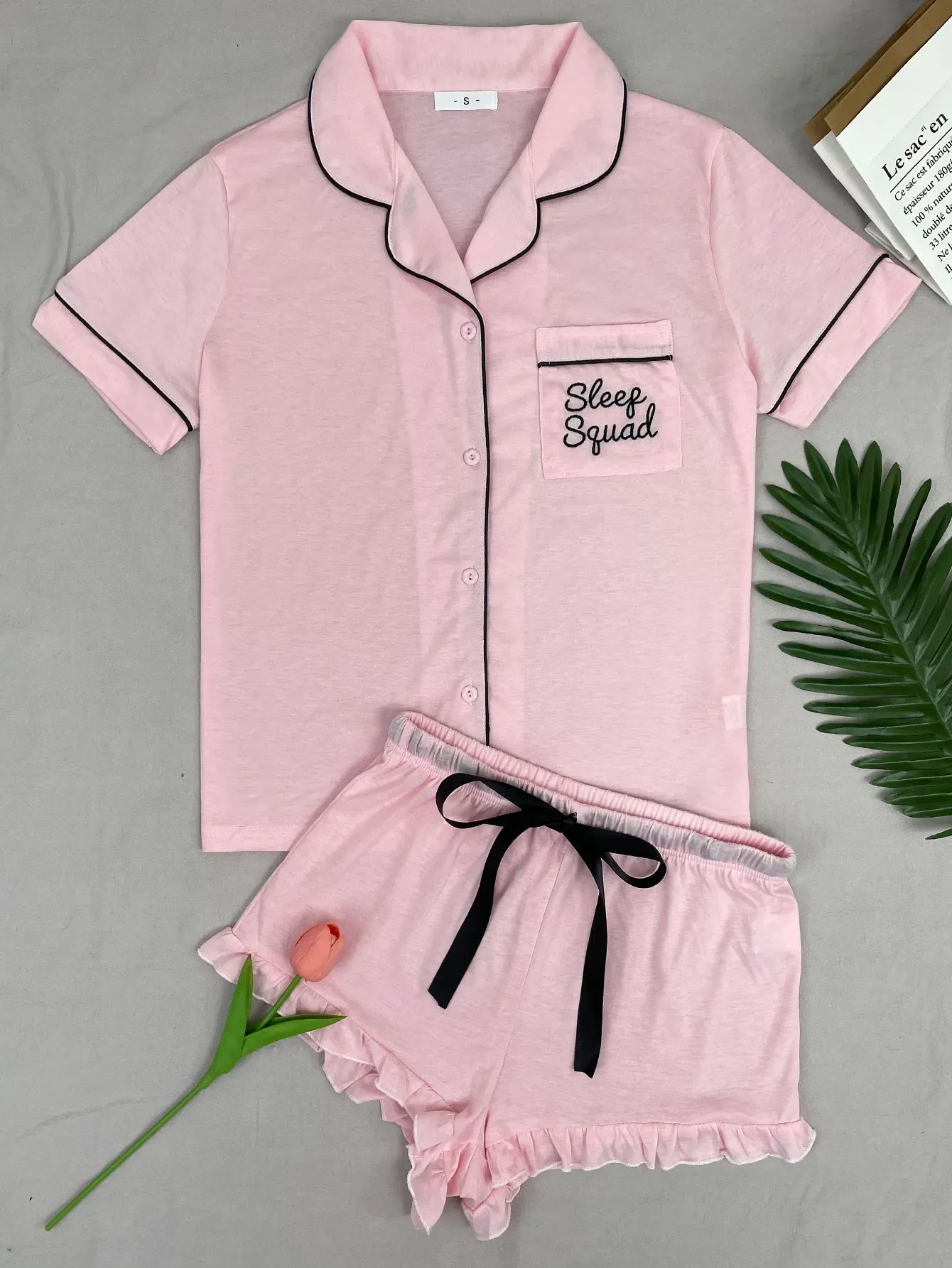 Summer Women's Pajamas Sets Short Sleeve Notched Collar Front Button Top & Elastic Waist Ruffle Shorts Loungewear Sleepwear