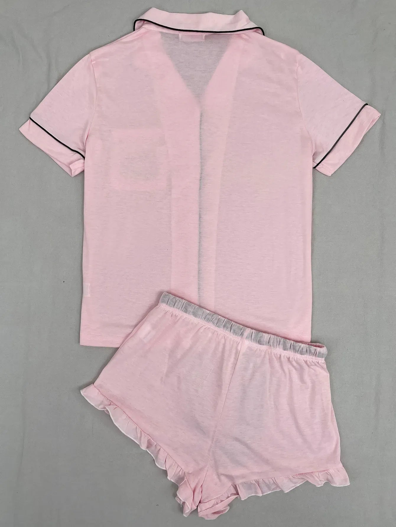 Summer Women's Pajamas Sets Short Sleeve Notched Collar Front Button Top & Elastic Waist Ruffle Shorts Loungewear Sleepwear