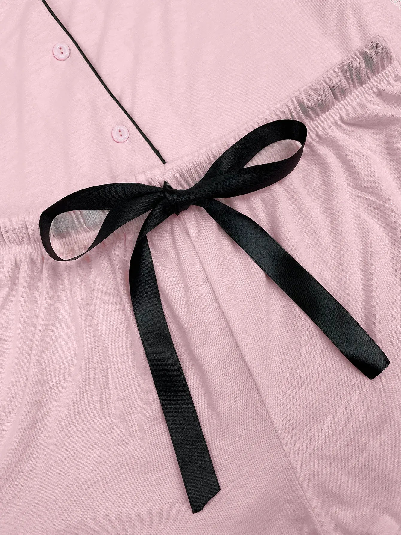 Summer Women's Pajamas Sets Short Sleeve Notched Collar Front Button Top & Elastic Waist Ruffle Shorts Loungewear Sleepwear