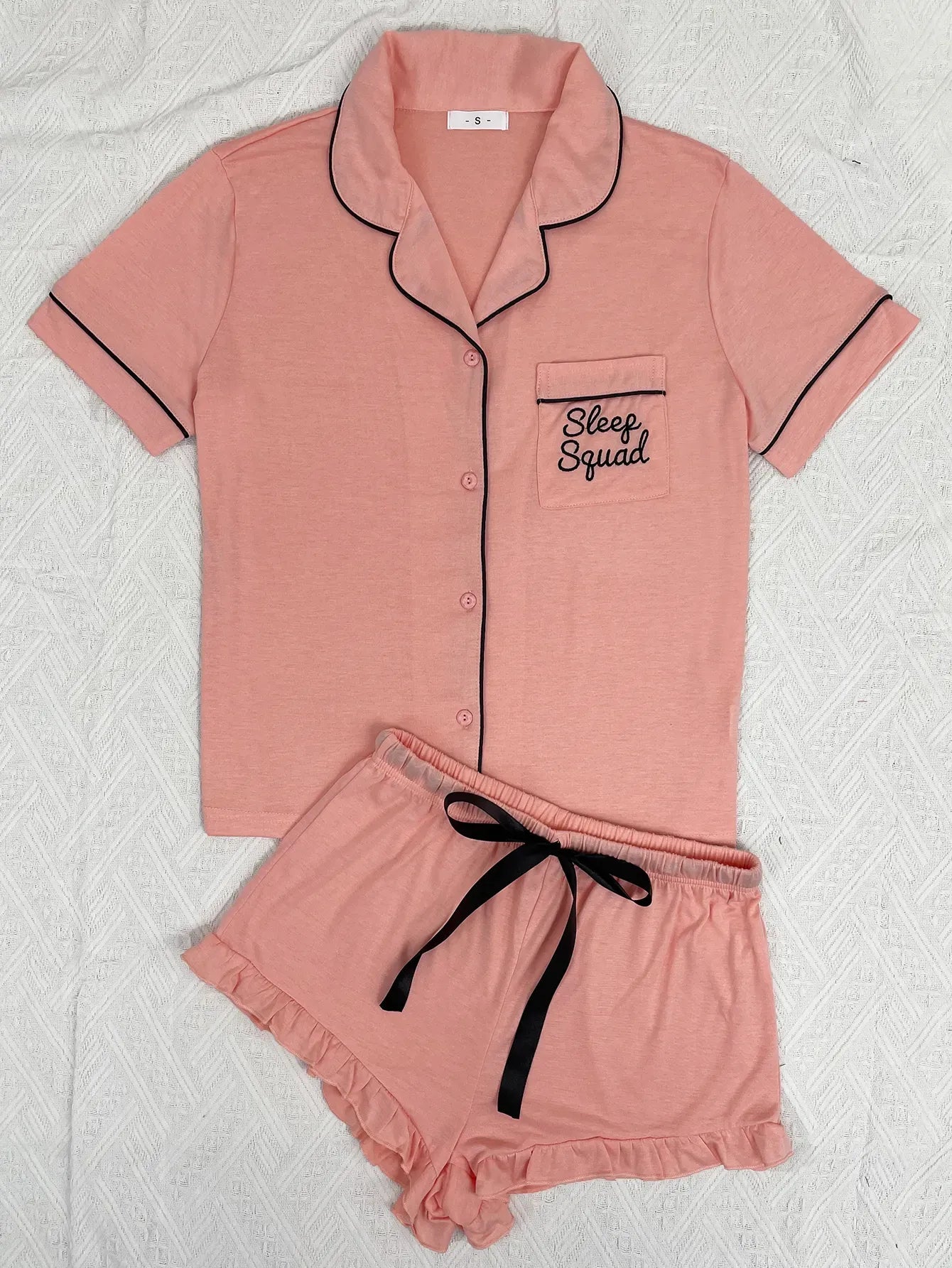 Summer Women's Pajamas Sets Short Sleeve Notched Collar Front Button Top & Elastic Waist Ruffle Shorts Loungewear Sleepwear