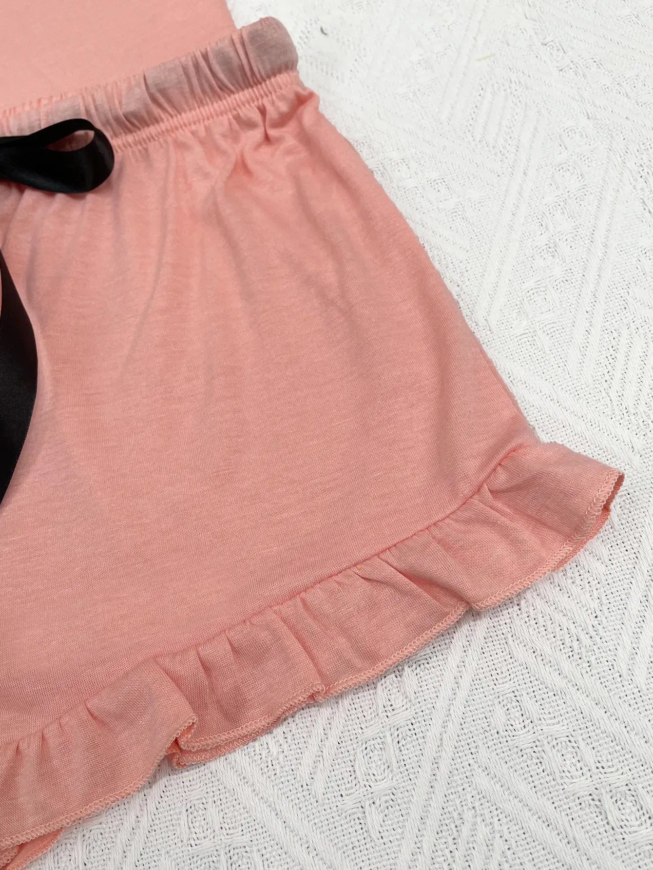 Summer Women's Pajamas Sets Short Sleeve Notched Collar Front Button Top & Elastic Waist Ruffle Shorts Loungewear Sleepwear