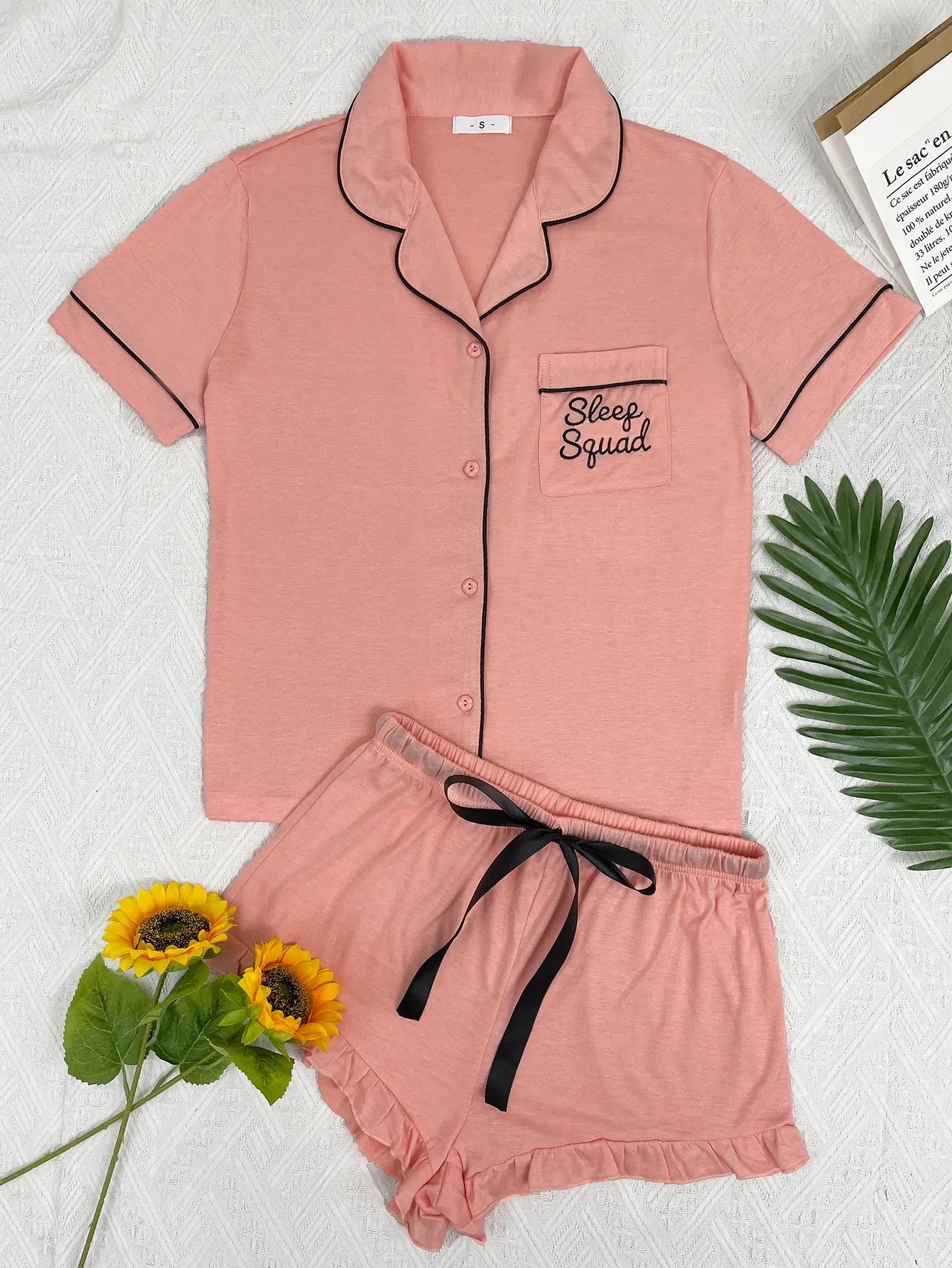 Summer Women's Pajamas Sets Short Sleeve Notched Collar Front Button Top & Elastic Waist Ruffle Shorts Loungewear Sleepwear