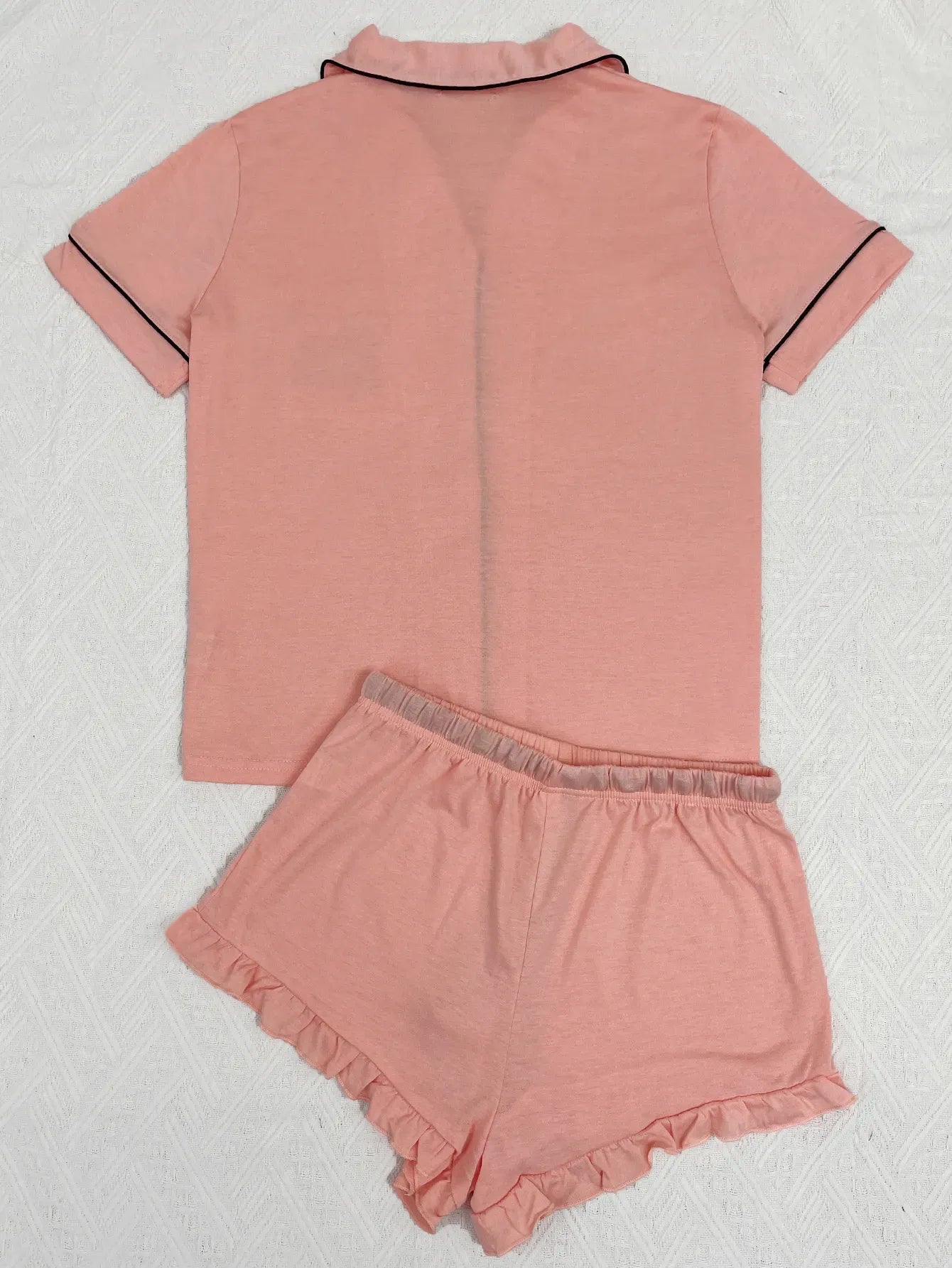 Summer Women's Pajamas Sets Short Sleeve Notched Collar Front Button Top & Elastic Waist Ruffle Shorts Loungewear Sleepwear