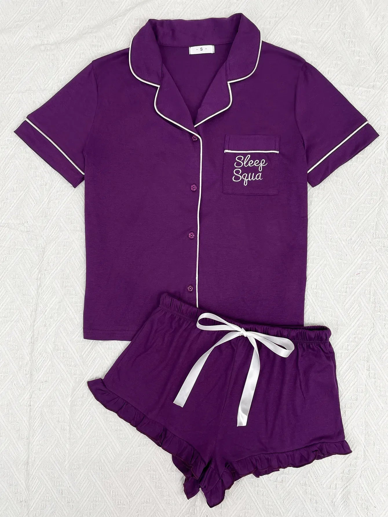 Summer Women's Pajamas Sets Short Sleeve Notched Collar Front Button Top & Elastic Waist Ruffle Shorts Loungewear Sleepwear