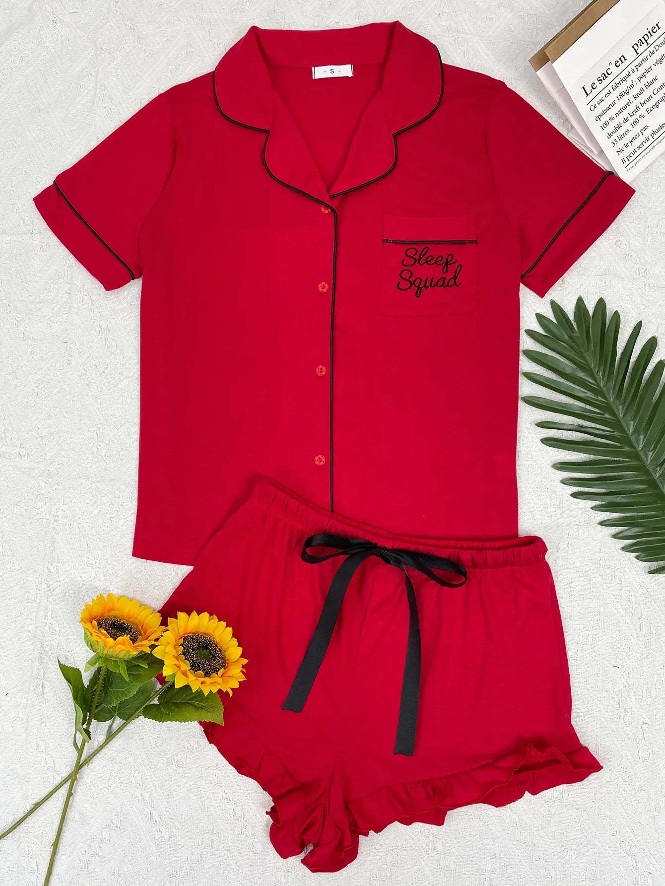 Summer Women's Pajamas Sets Short Sleeve Notched Collar Front Button Top & Elastic Waist Ruffle Shorts Loungewear Sleepwear