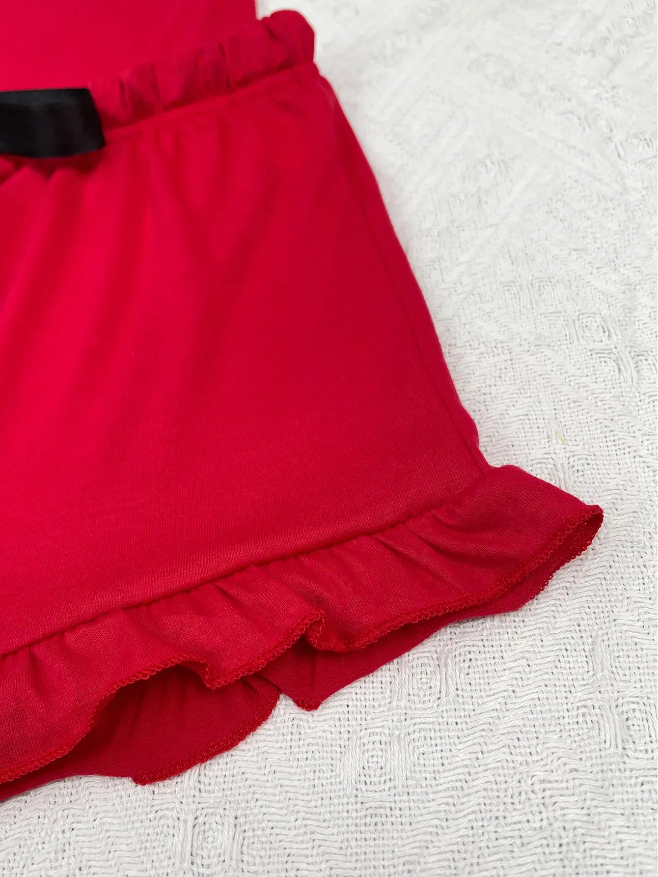 Summer Women's Pajamas Sets Short Sleeve Notched Collar Front Button Top & Elastic Waist Ruffle Shorts Loungewear Sleepwear