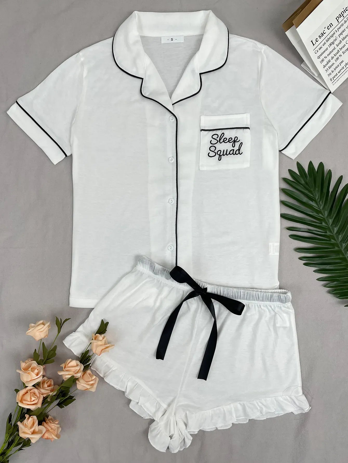Summer Women's Pajamas Sets Short Sleeve Notched Collar Front Button Top & Elastic Waist Ruffle Shorts Loungewear Sleepwear