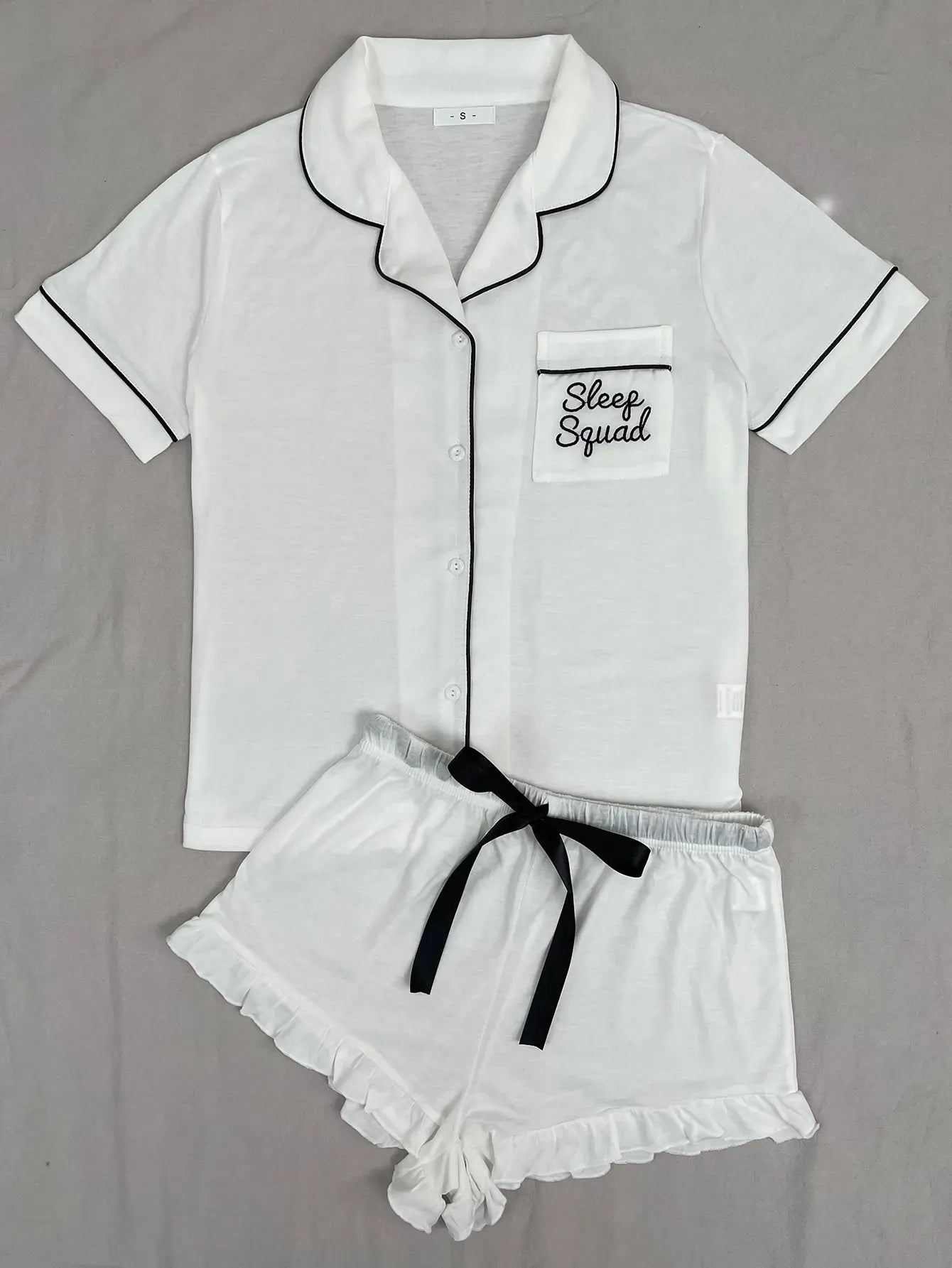 Summer Women's Pajamas Sets Short Sleeve Notched Collar Front Button Top & Elastic Waist Ruffle Shorts Loungewear Sleepwear