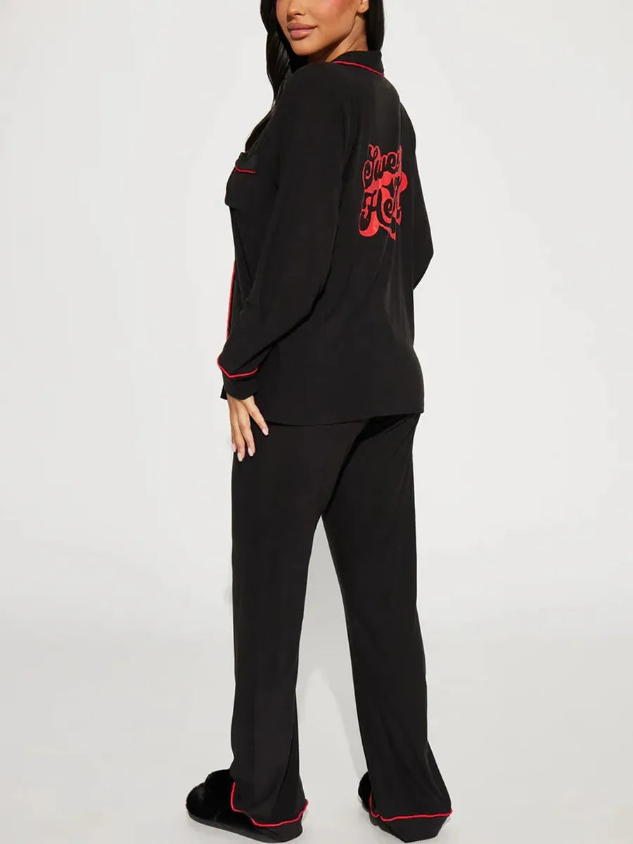 Kiss Me Print Women Pajama Set Long Sleeves Turn Down Collar Top & Full-Length Pants 2 Pieces Female Sleepwear Nightwear