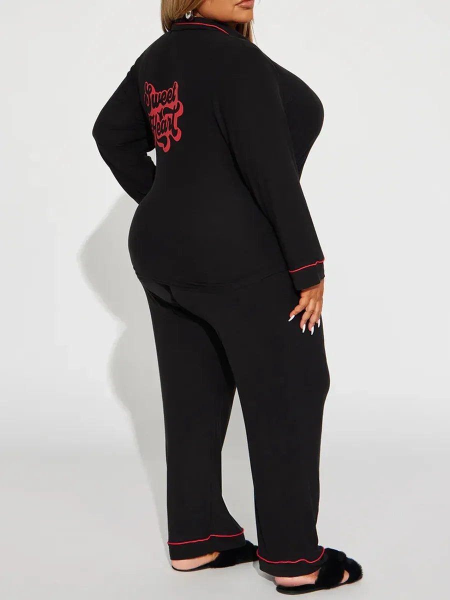 Kiss Me Print Women Pajama Set Long Sleeves Turn Down Collar Top & Full-Length Pants 2 Pieces Female Sleepwear Nightwear