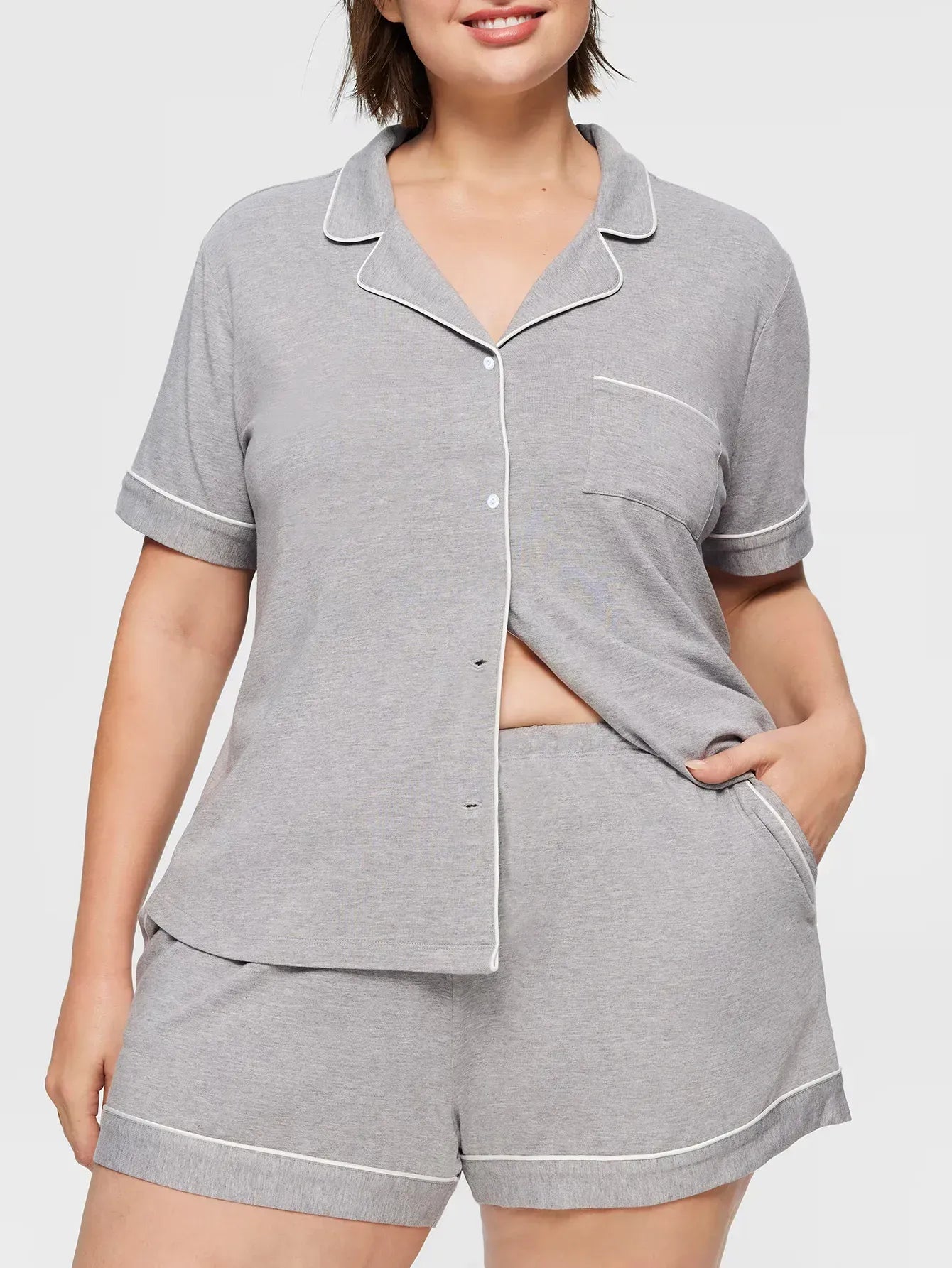 Plus Size Women Pajama Sets Short Sleeves Front Button Turn Down Collar Top & Shorts with Two Pockets Sleepwear Female Nightwear