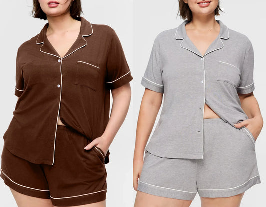 Plus Size Women Pajama Sets Short Sleeves Front Button Turn Down Collar Top & Shorts with Two Pockets Sleepwear Female Nightwear