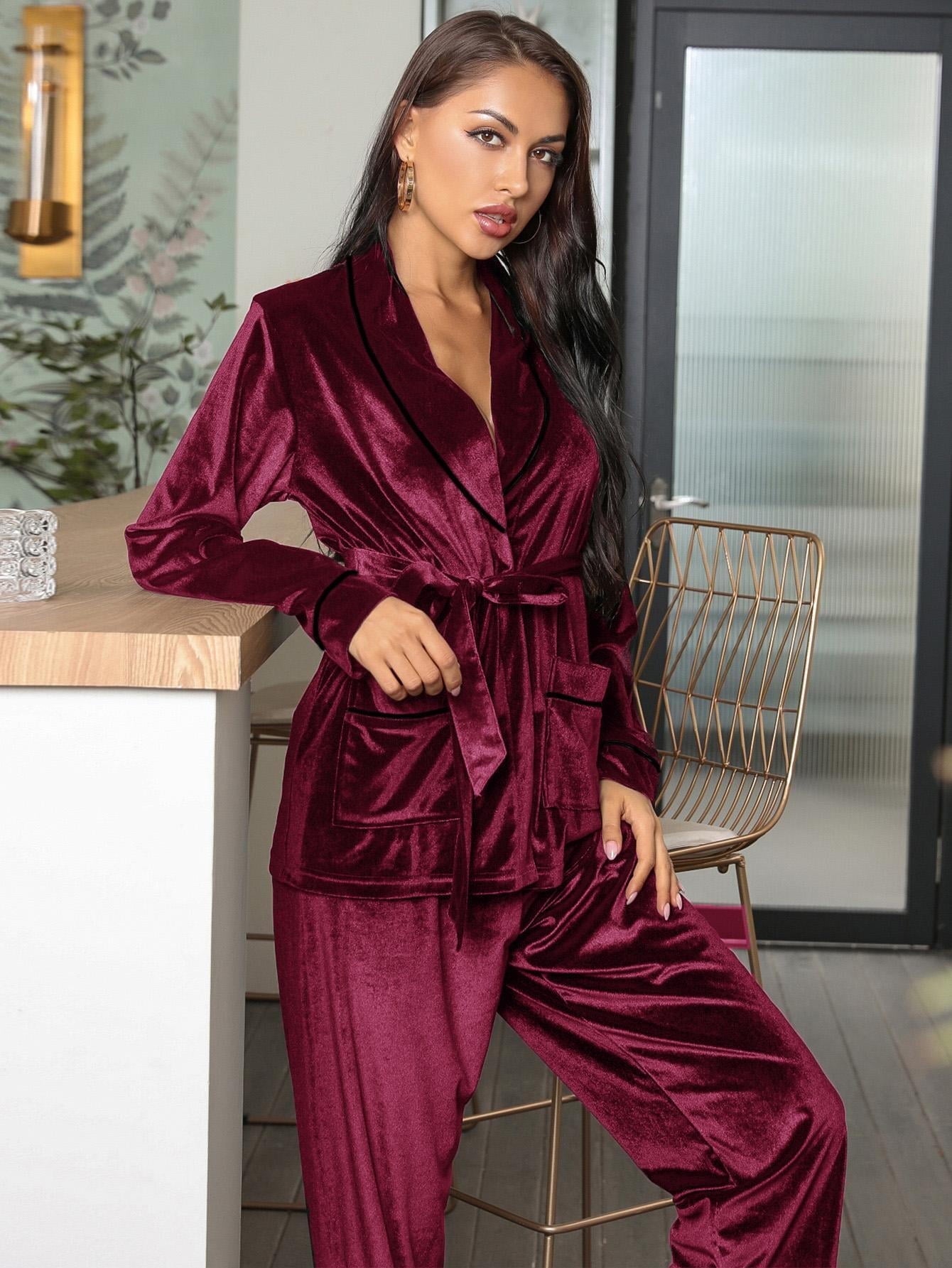 ebukurty Women's Pajama Set 2-piece Red Long Sleeves Belted Robe V Neck Soft Sleepwear